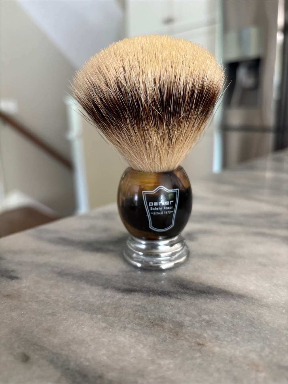 Parker Shaving Brush in Brown and Beige with Silver Base